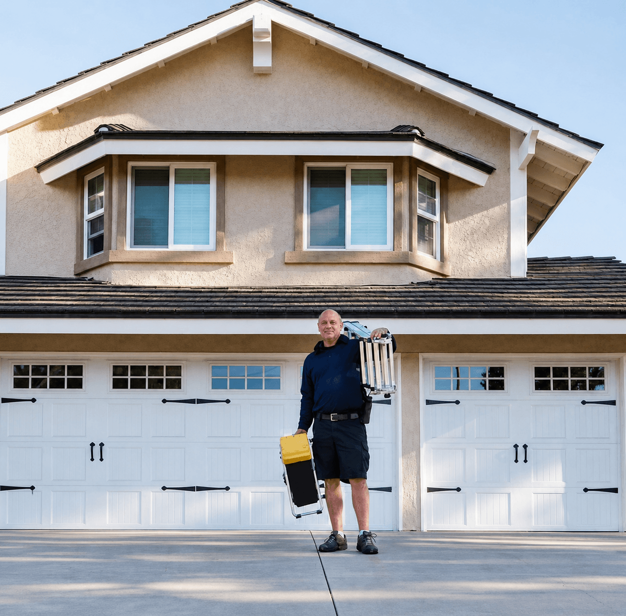 Trident Pest Control technician with a ladder in front of an Orange County home