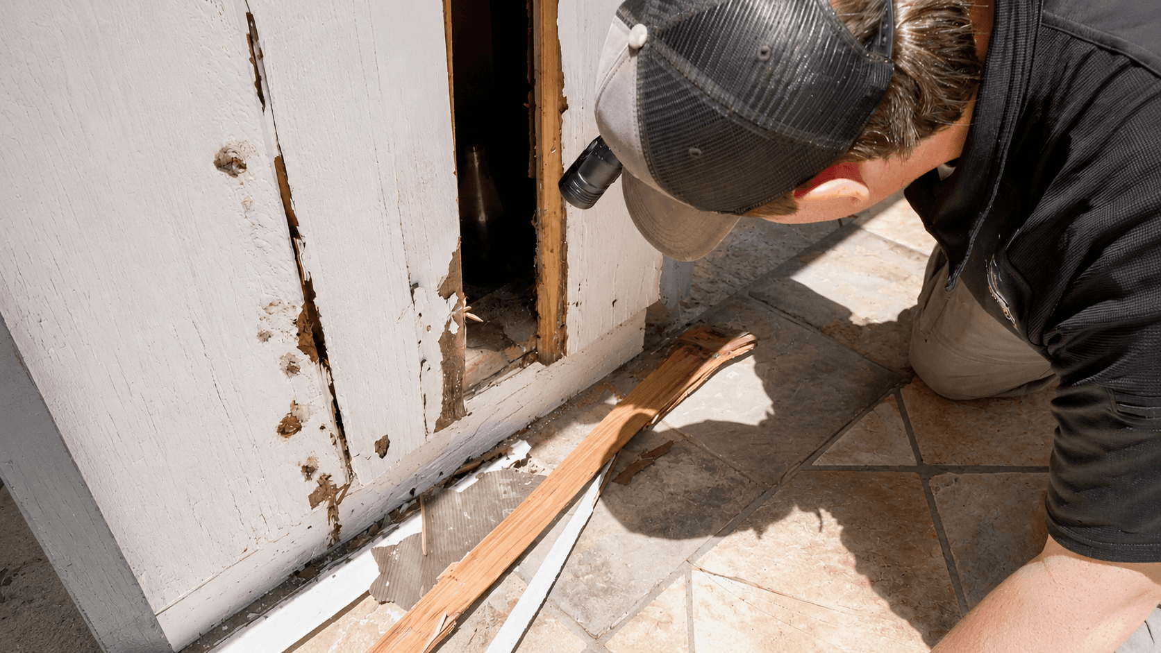 Trident Pest Control technician inspecting termite and dry-rot damage on a door frame